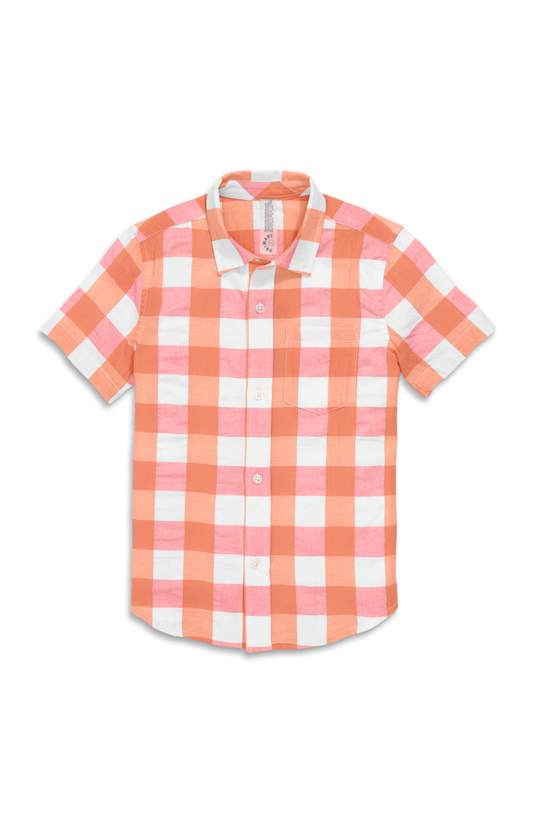 Primary Kids Short Sleeve Button Down In Gingham, Main, color, Guava Goldfish Gingham