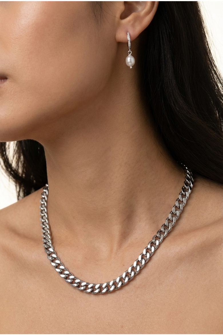 Cuban Link Chain Silver Necklace And Freshwater Pearl Drop Earring Set, Alternate, color, Silver