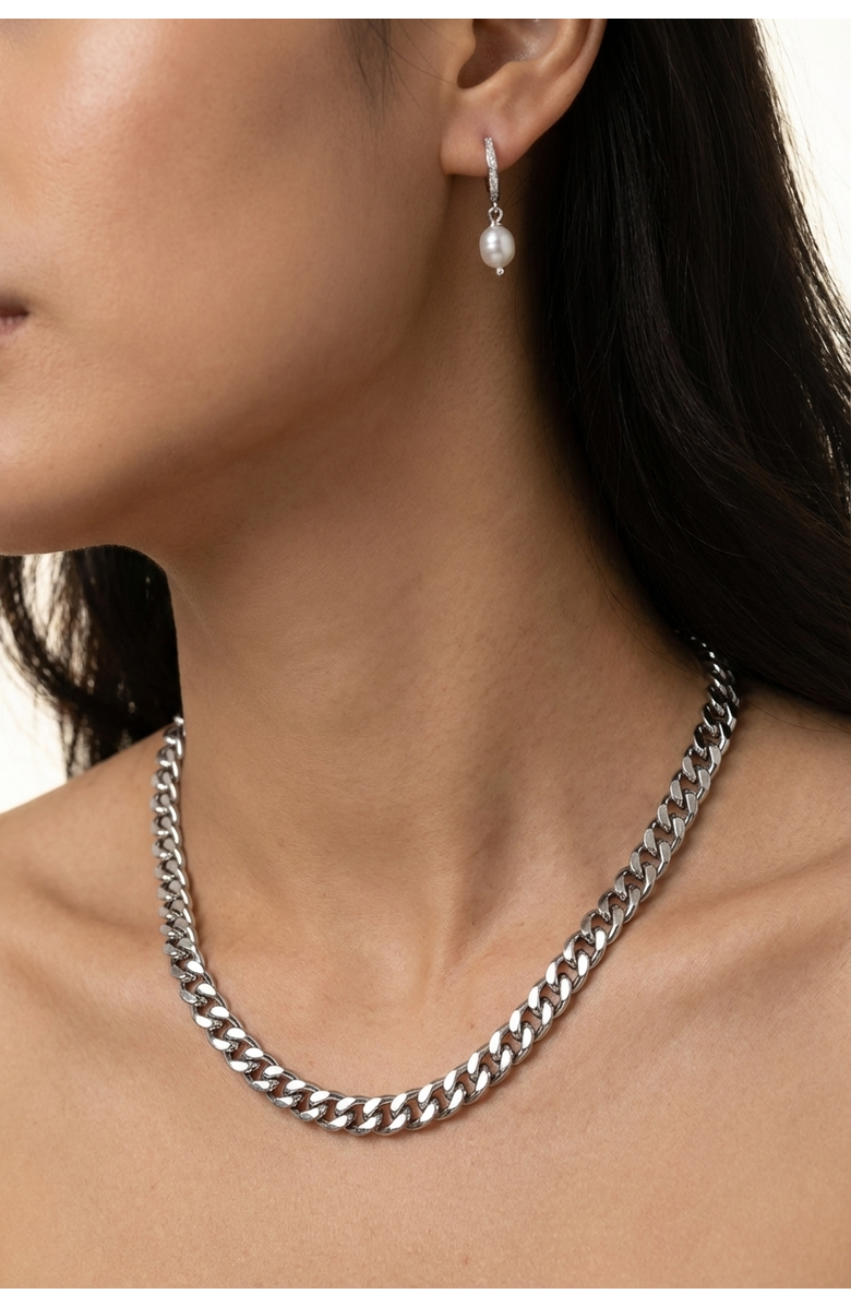Joey Baby Cuban Link Chain Silver Necklace And Freshwater Pearl Drop Earring Set, Alternate, color, Silver