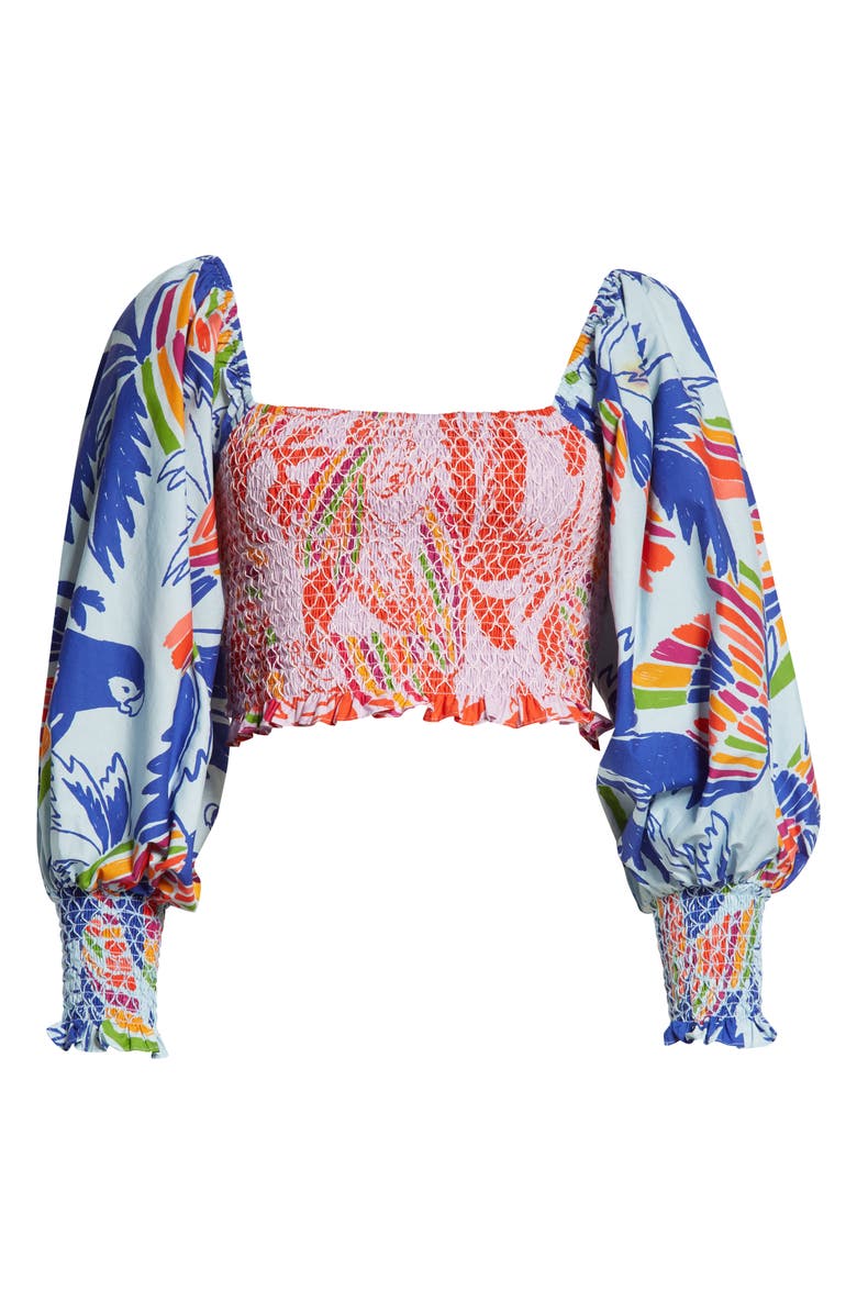 FARM Rio Mixed Print Smocked Cotton Crop Top, Alternate, color, 