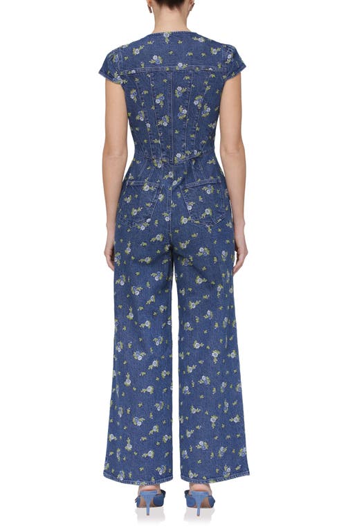 Avec Les Filles Floral Cap Sleeve Corset Wide Leg Denim Jumpsuit