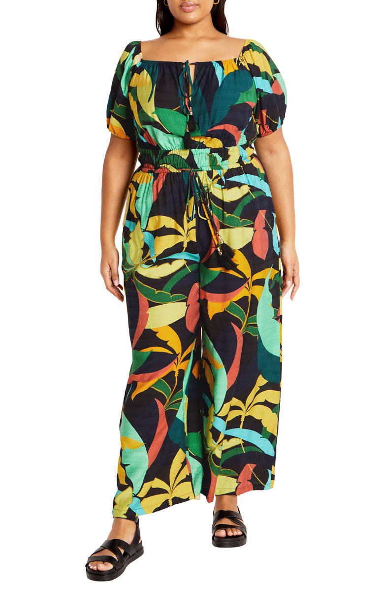 City Chic Erica Palm Print Wide Leg Jumpsuit, Main, color, Barbados