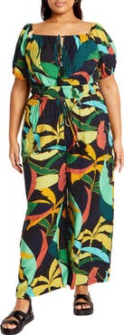 City Chic Erica Palm Print Wide Leg Jumpsuit