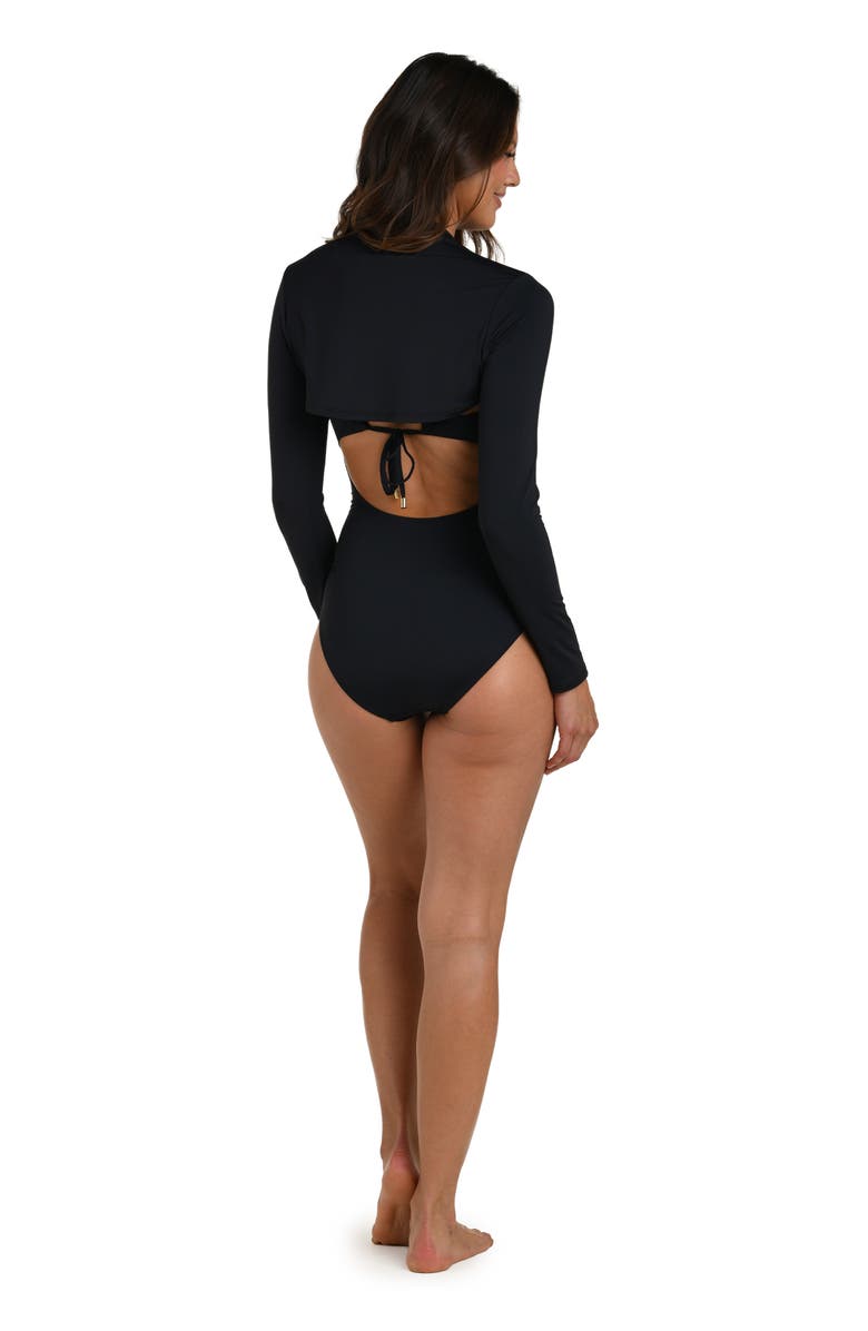 La Blanca Island Goddess Long Sleeve Shrug, Alternate, color, Black