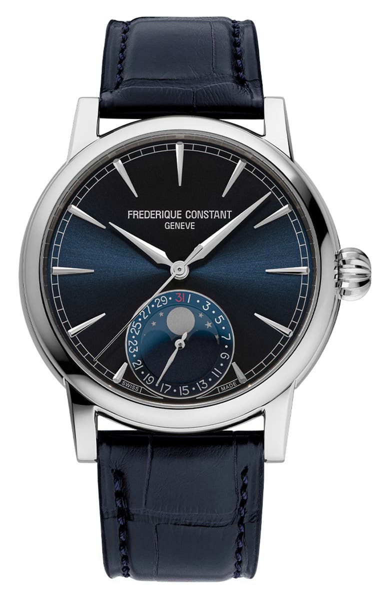 FREDERIQUE CONSTANT Classic Moonphase Date Leather Strap Watch, 40mm, Main, color, Blue