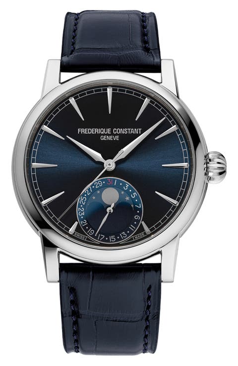 Classic Moonphase Date Leather Strap Watch, 40mm