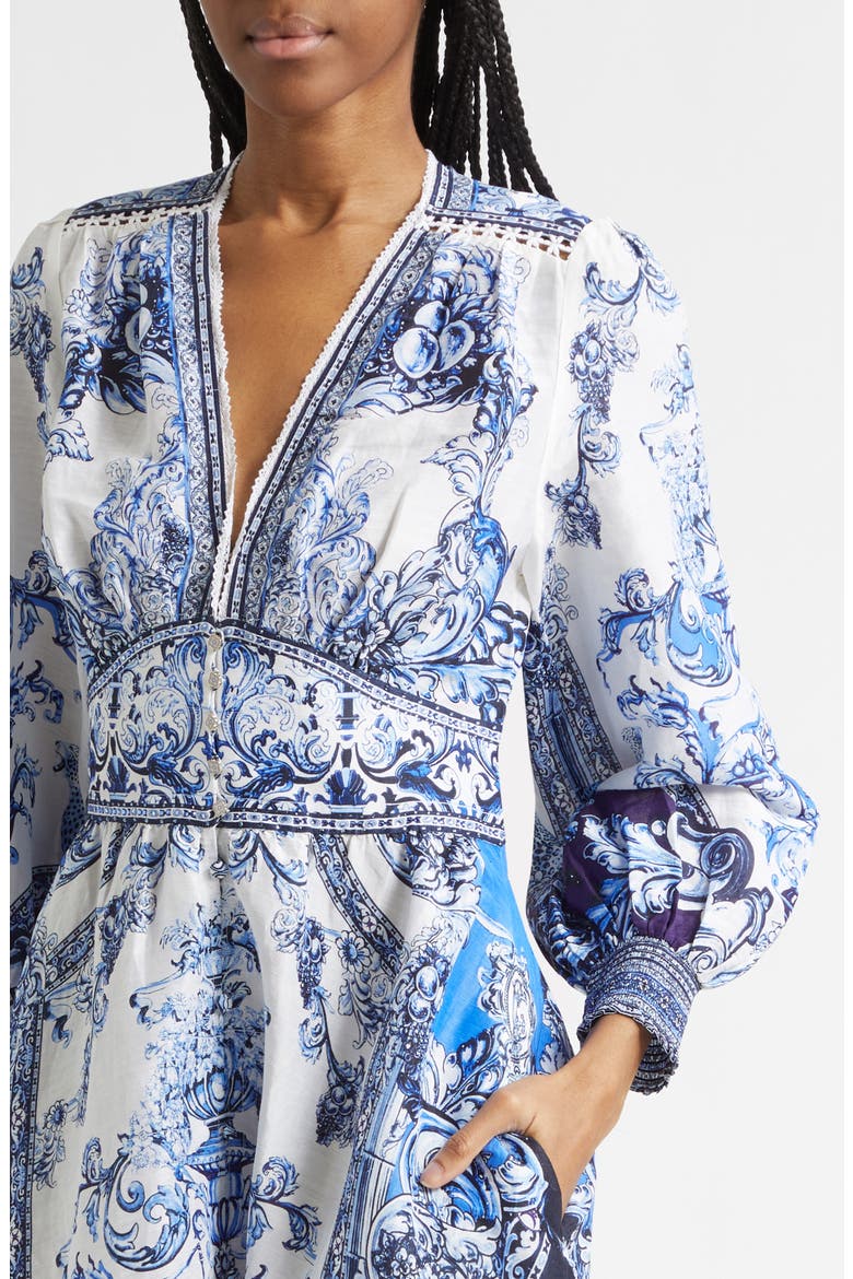 A Tiled Wonderland Long Sleeve Linen & Silk Twill Dress, Alternate, color, A TILED WONDERLAND