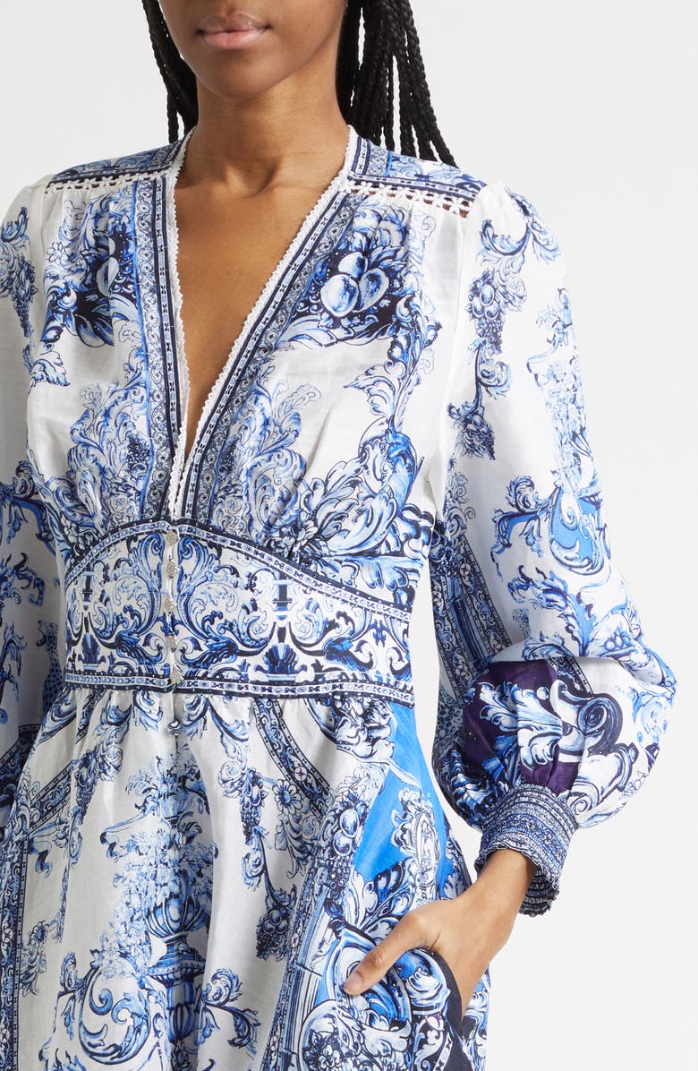 Camilla A Tiled Wonderland Long Sleeve Linen & Silk Twill Dress, Alternate, color, A Tiled Wonderland