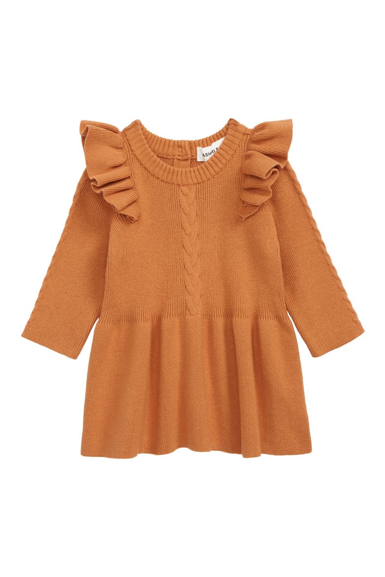 Eva Ruffle Shoulder Long Sleeve Knit Cotton Dress, Main, color, BURNT ORANGE