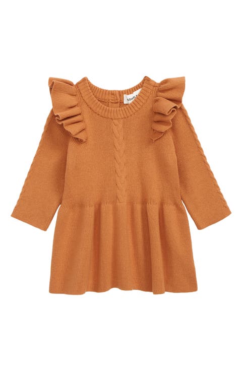 Eva Ruffle Shoulder Long Sleeve Knit Cotton Dress