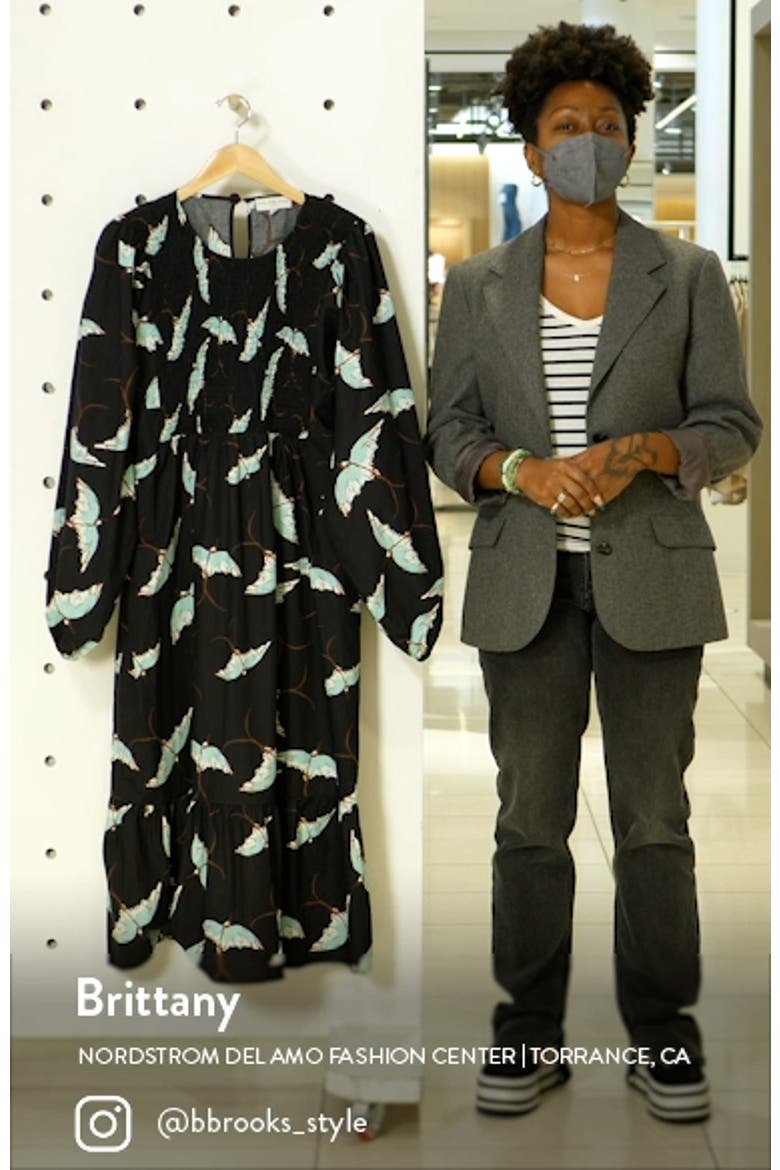 Black Swallows Smocked Long Sleeve Midi Dress video