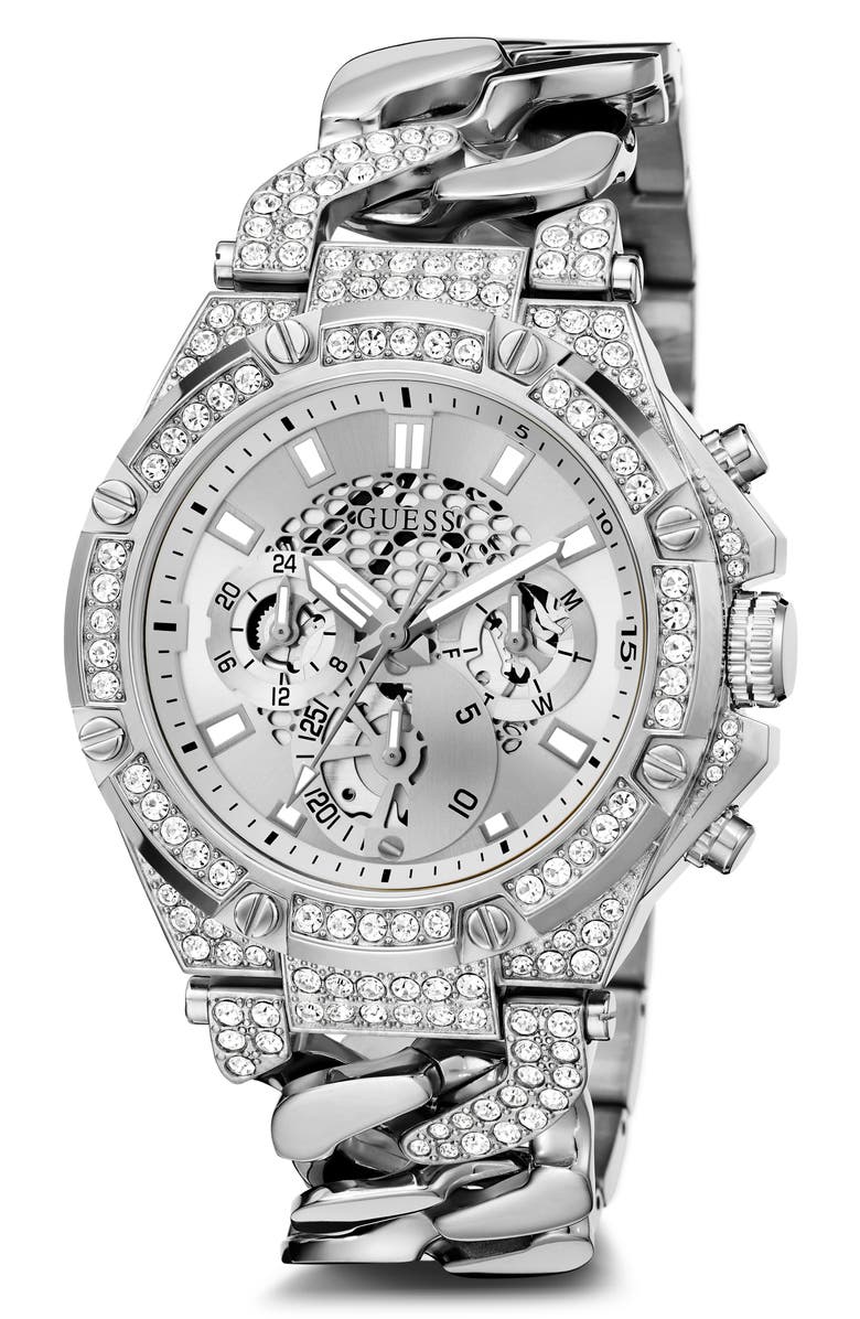 GUESS Multifunction Crystal Skeleton Curb Chain Bracelet Watch, 46mm, Main, color, 