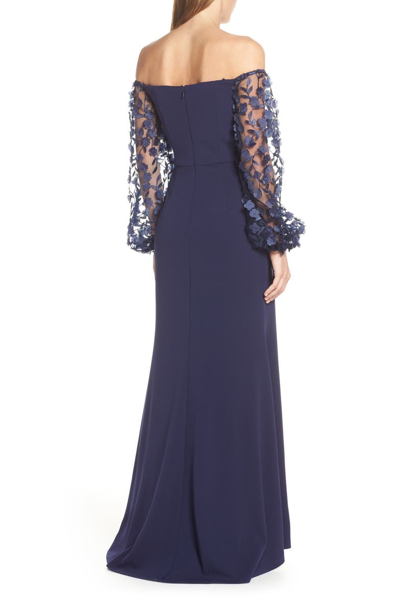 Floral Appliqué Long Sleeve Off the Shoulder Gown, Alternate, color, NAVY