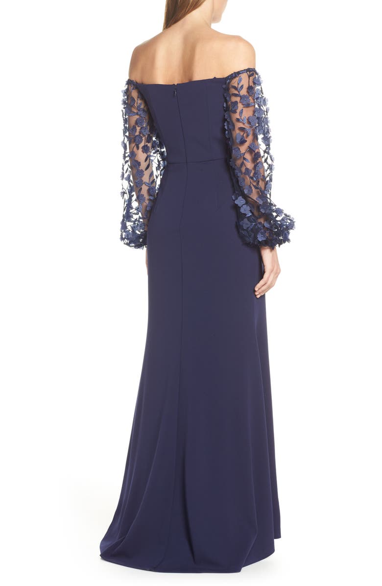 Eliza J Floral Appliqué Long Sleeve Off the Shoulder Gown, Alternate, color,