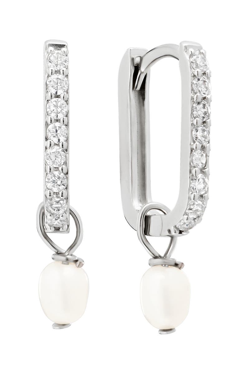 ATHRA LUXE Cubic Zirconia & Faux Pearl Drop Hoop Earrings, Main, color, Silver