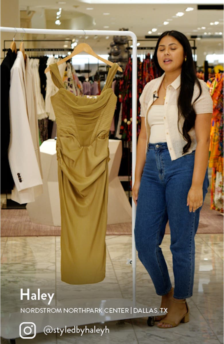 Natalya Corset Off the Shoulder Satin Midi Dress, sales video thumbnail