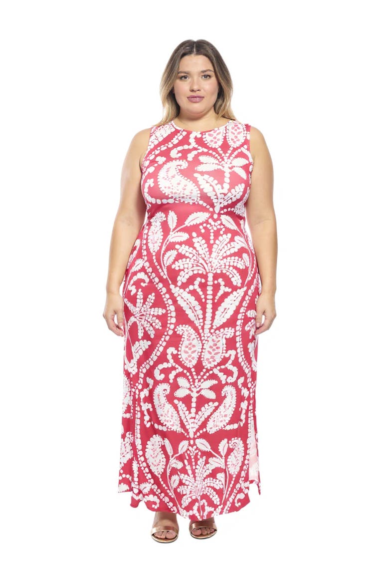 Curvy Essential Paisley Sleeveless Round Neck Side Slit Bodycon A-Line Maxi Dress, Main, color, Red Multi