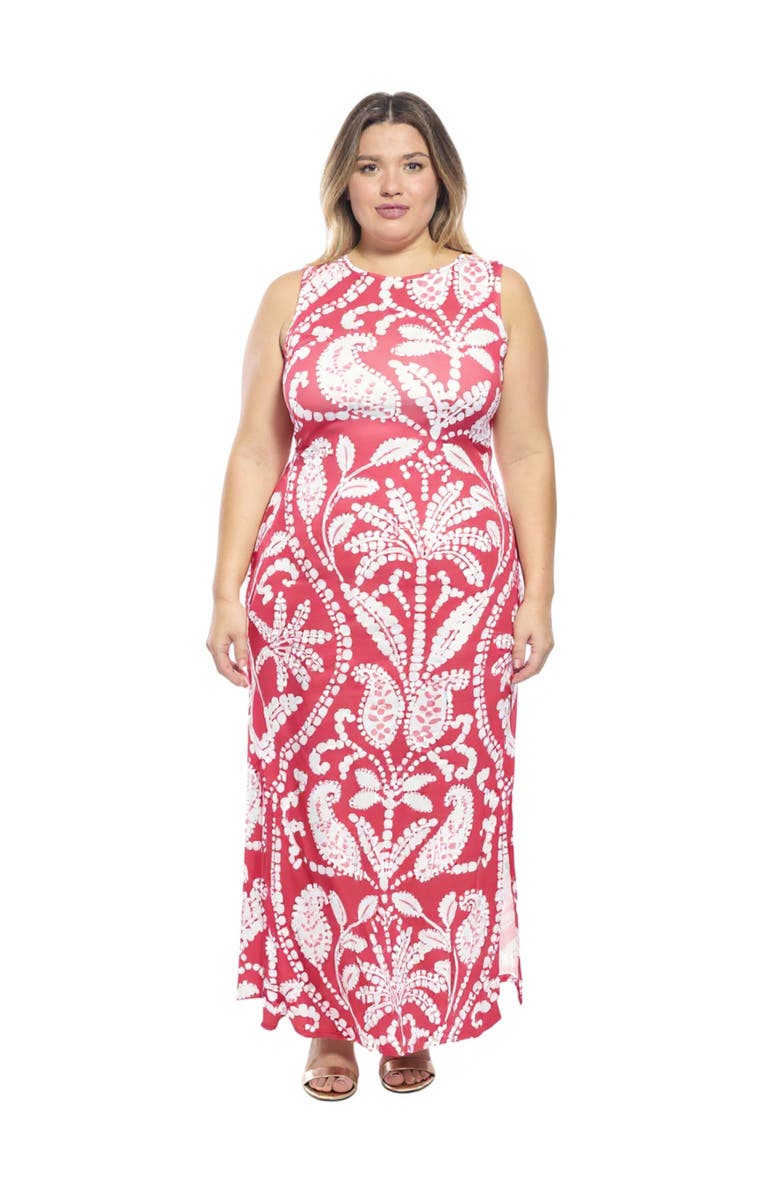 24seven Comfort Apparel Curvy Essential Paisley Sleeveless Round Neck Side Slit Bodycon A-Line Maxi Dress, Main, color, Red Multi