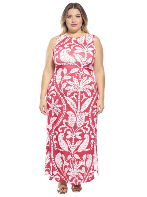 Curvy Essential Paisley Sleeveless Round Neck Side Slit Bodycon A-Line Maxi Dress