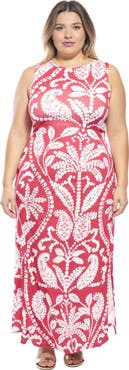 24seven Comfort Apparel Curvy Essential Paisley Sleeveless Round Neck Side Slit Bodycon A-Line Maxi Dress