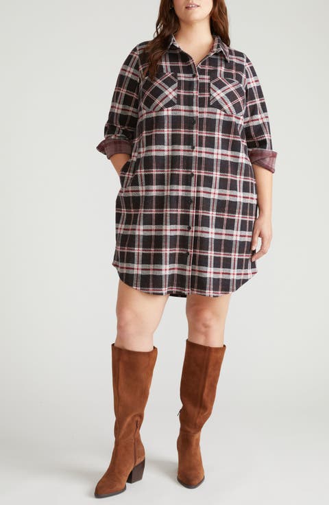 Long Sleeve Check Flannel Shirtdress (Plus)
