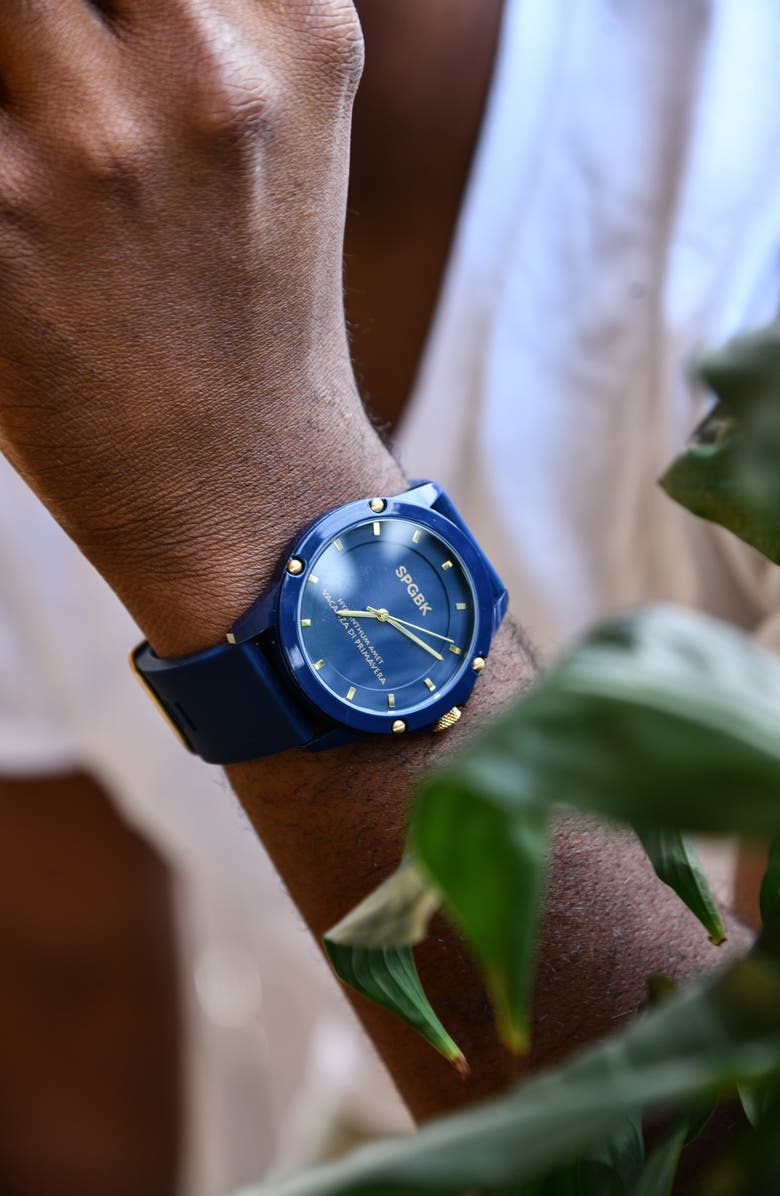 SPGBK Watches Smith Silicone Strap Watch, 44mm, Alternate, color, Navy/Gold