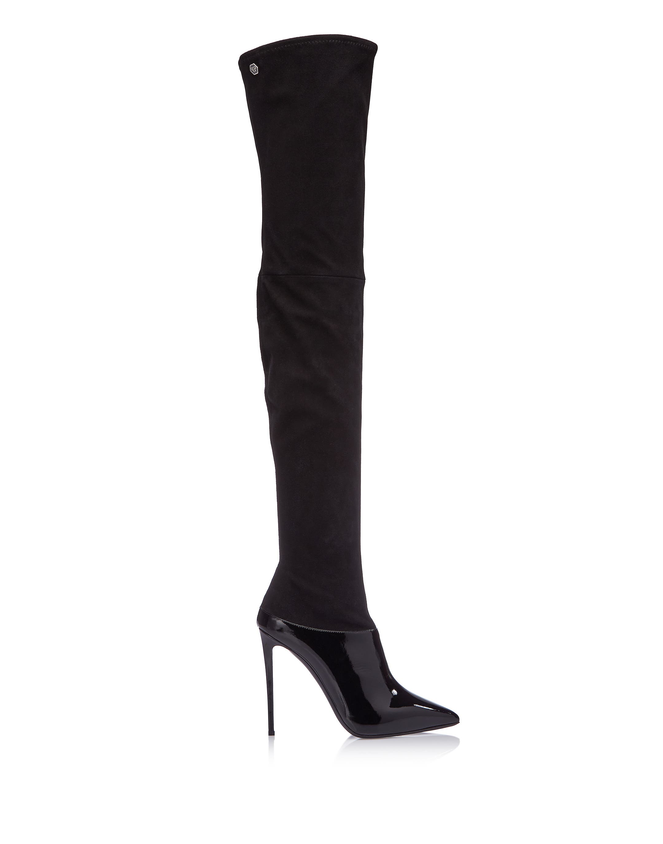 Suede & Patent Hi-heel Over The Knee Thigh-high Boots Women, Alternate, color, black/nickel