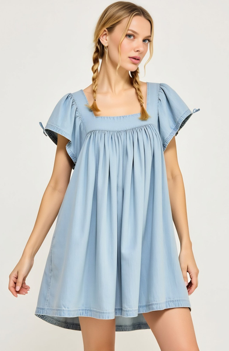 Modenaire Square Neck Flutter Sleeve Gathered Skirt Babydoll Dress, Alternate, color, Light Blue