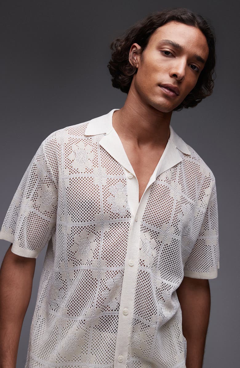 Topman Revere Open Stitch Button-Up Shirt, Alternate, color, Cream