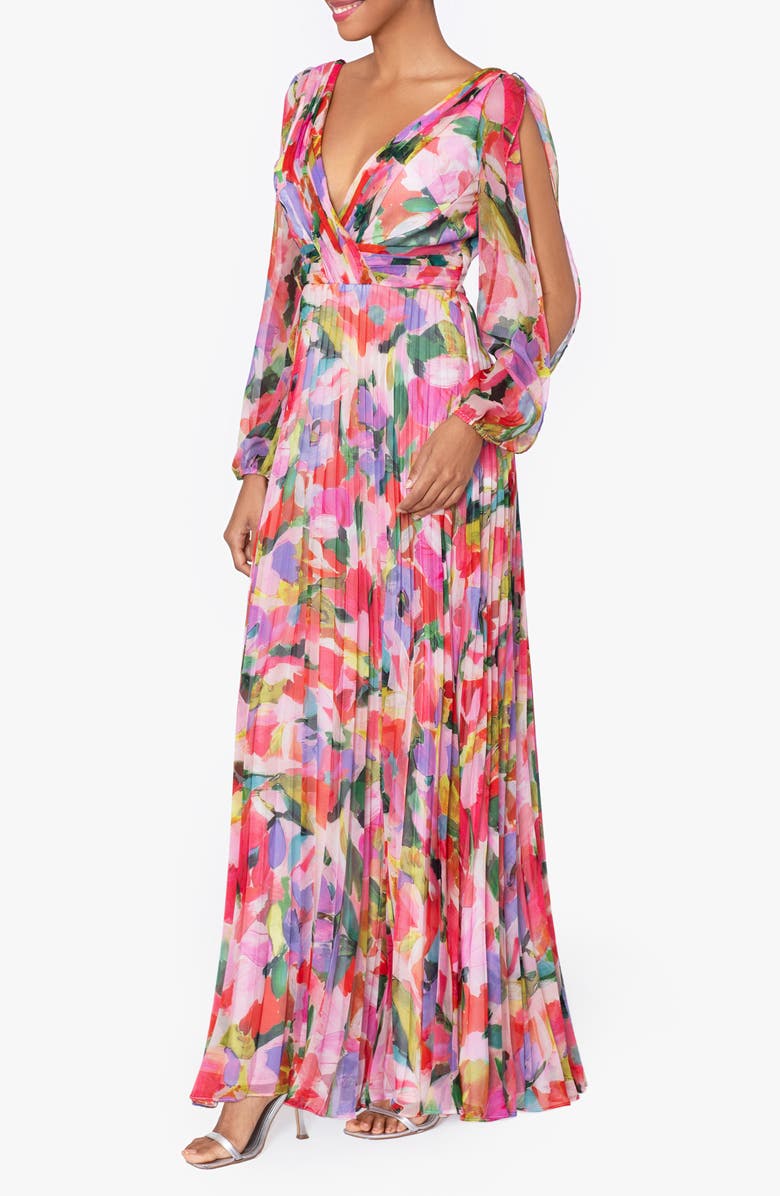 Betsy & Adam Floral Long Sleeve A-Line Gown, Alternate, color,