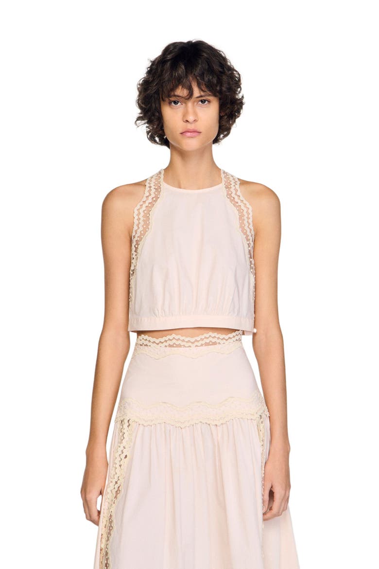 Cotton crop top with lace trim, Main, color, Light pink