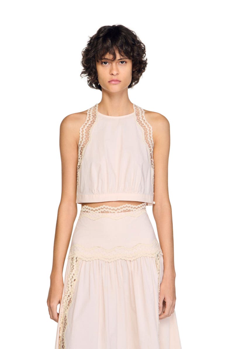 SANDRO Cotton crop top with lace trim, Main, color, Light Pink