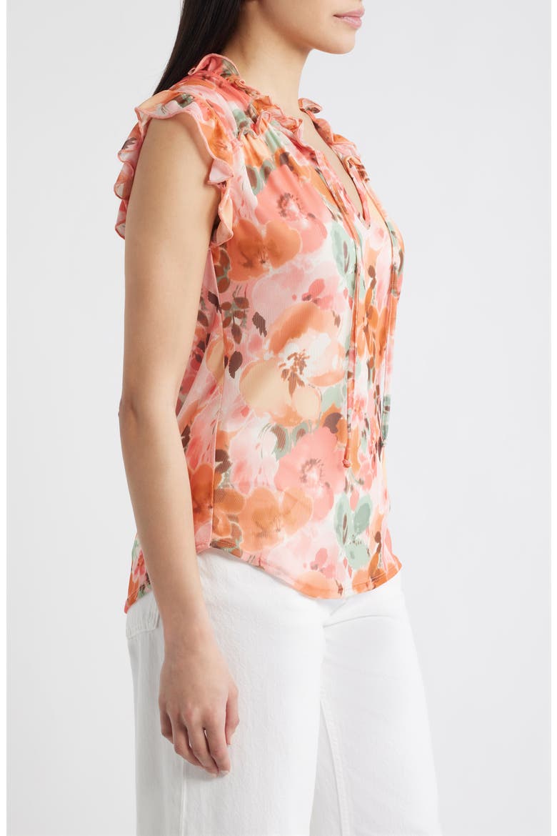 Floral Ruffle Trim Split Neck Top, Alternate, color, BLUSH