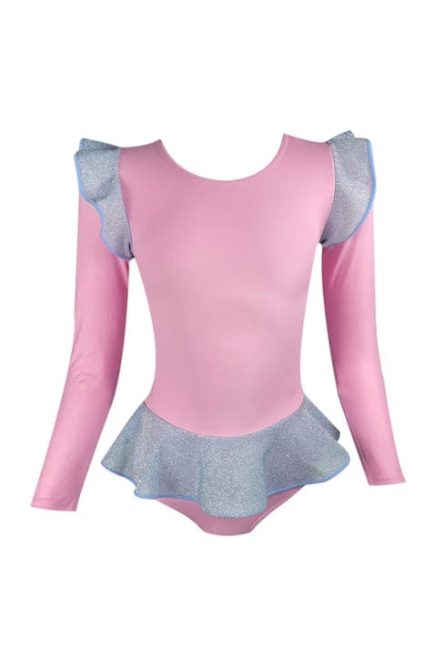Silver Glitter Ruffles Long-Sleeve Rushguard