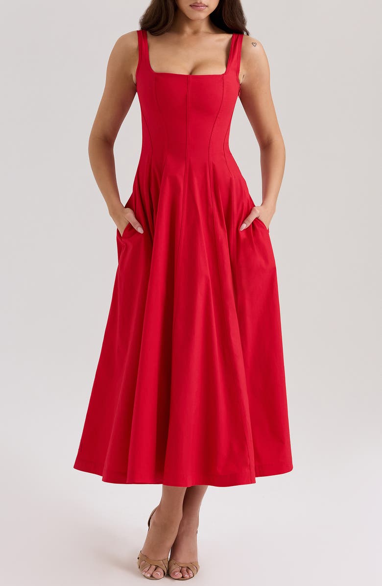 HOUSE OF CB Mariabella Lace-Up Stretch Cotton Midi Dress, Main, color, Racing Red