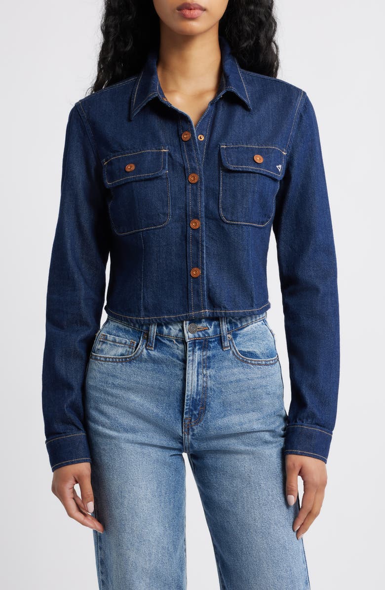 HIDDEN JEANS Tapered Crop Denim Button-Up Shirt, Main, color, Rinse