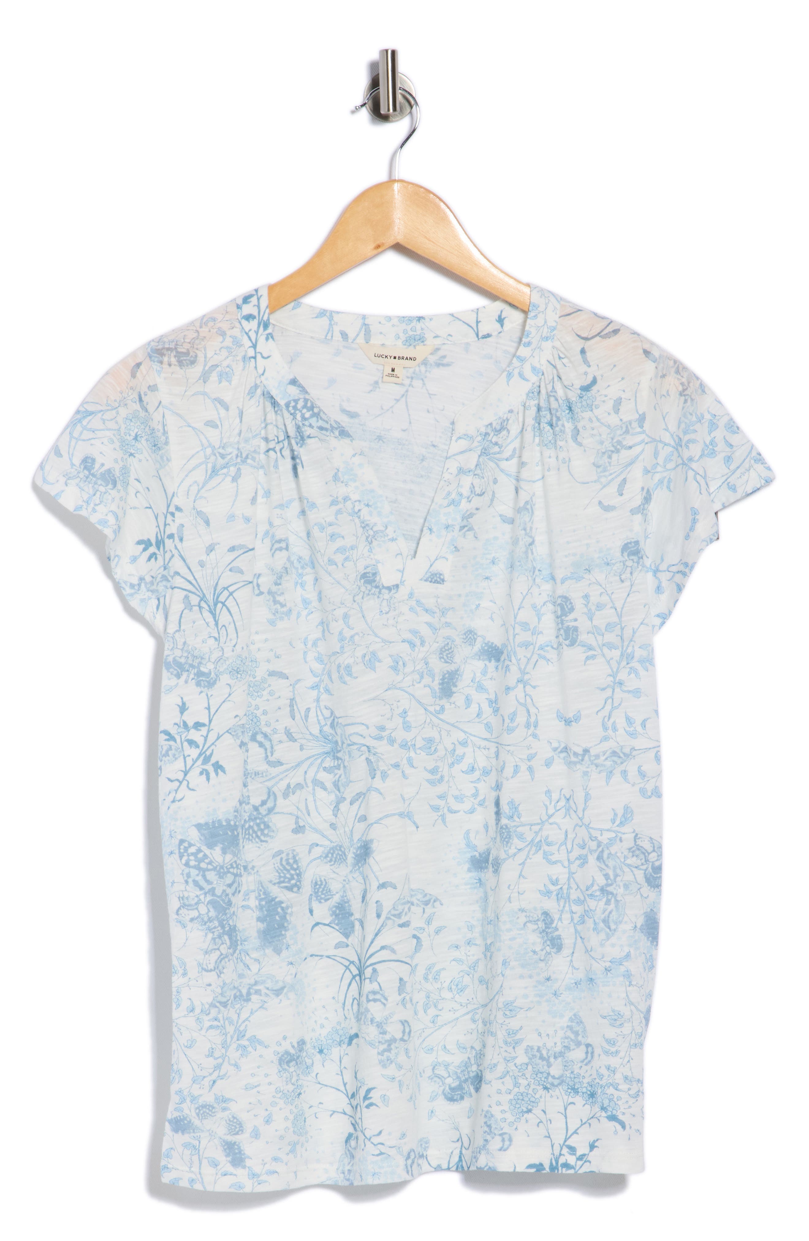 Lucky Brand Floral Split Neck Cotton Blend T-Shirt