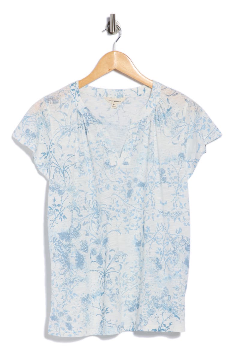 Floral Split Neck Cotton Blend T-Shirt, Alternate, color, BLUE MULTI