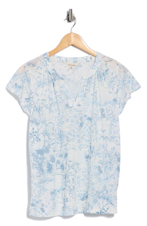 Floral Split Neck Cotton Blend T-Shirt