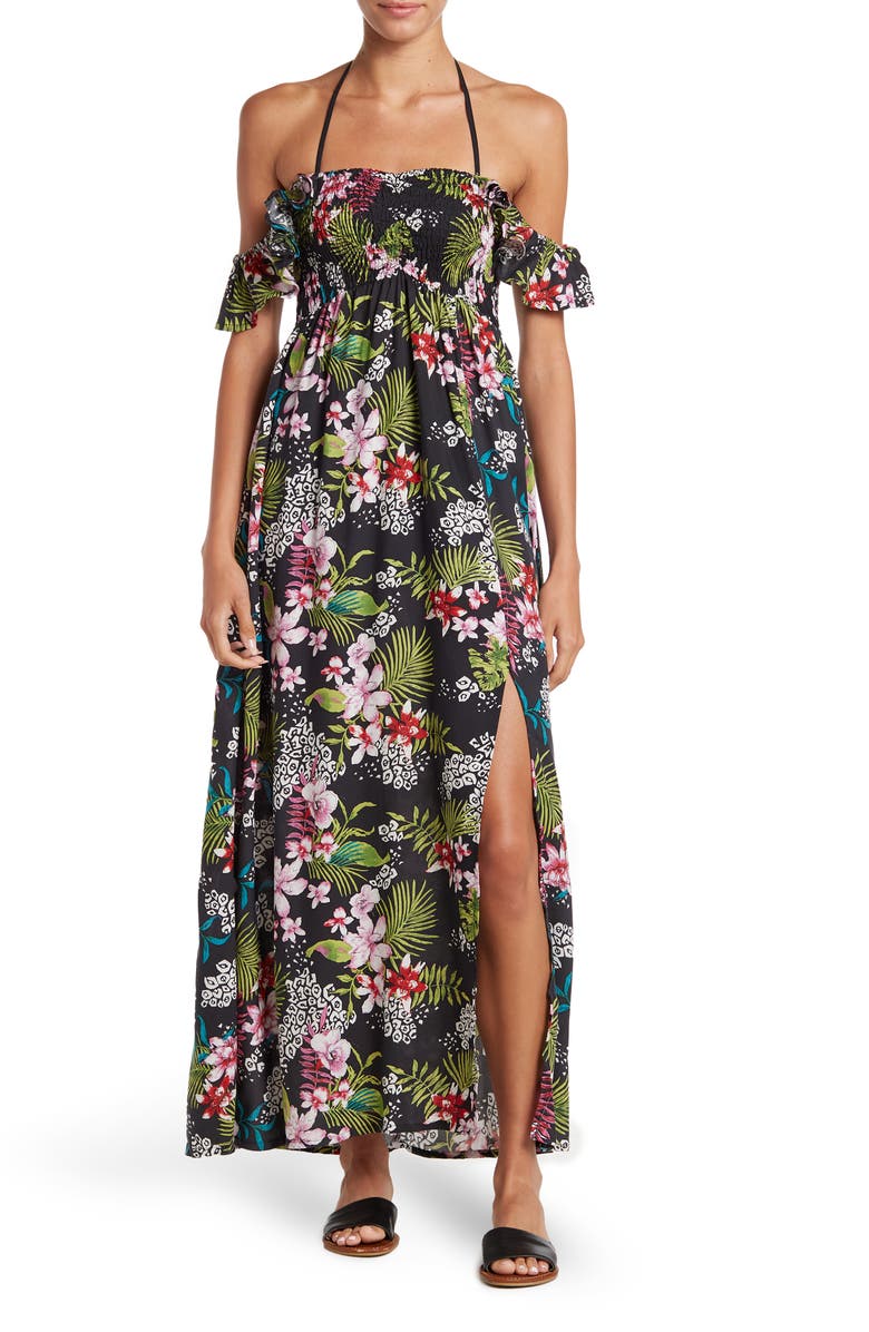 BOHO ME Smocked Off-the-Shoulder Maxi Swim Cover-Up, Main, color,