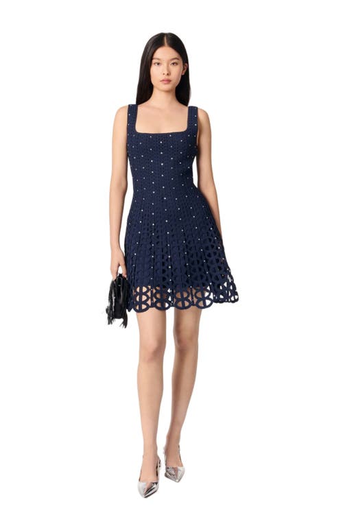 Maje Rhinestone Crochet Short Dress In Navy