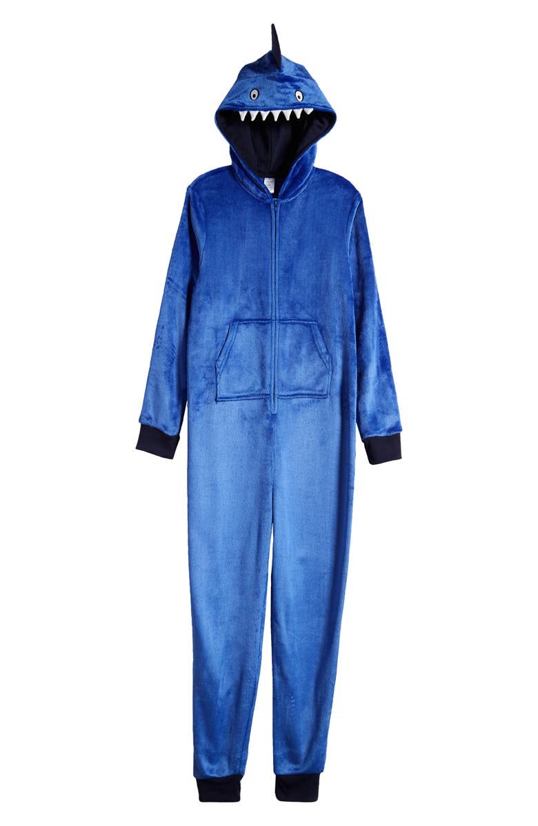 Nordstrom Kids' Shark Velour Hooded One-Piece Pajamas, Main, color, 