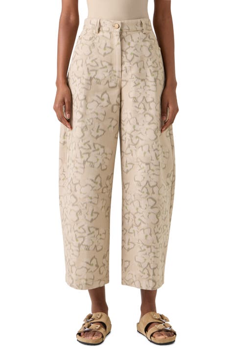 Ikat Floral Cotton Blend Canvas Barrel Leg Crop Pants
