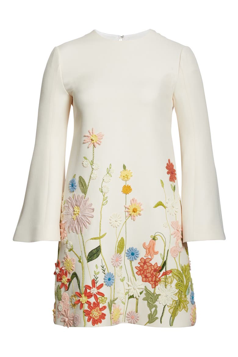 Embroidered Floral Wool & Silk Long Sleeve Shift Dress, Alternate, color, AVORIO/ MULTICOLOR