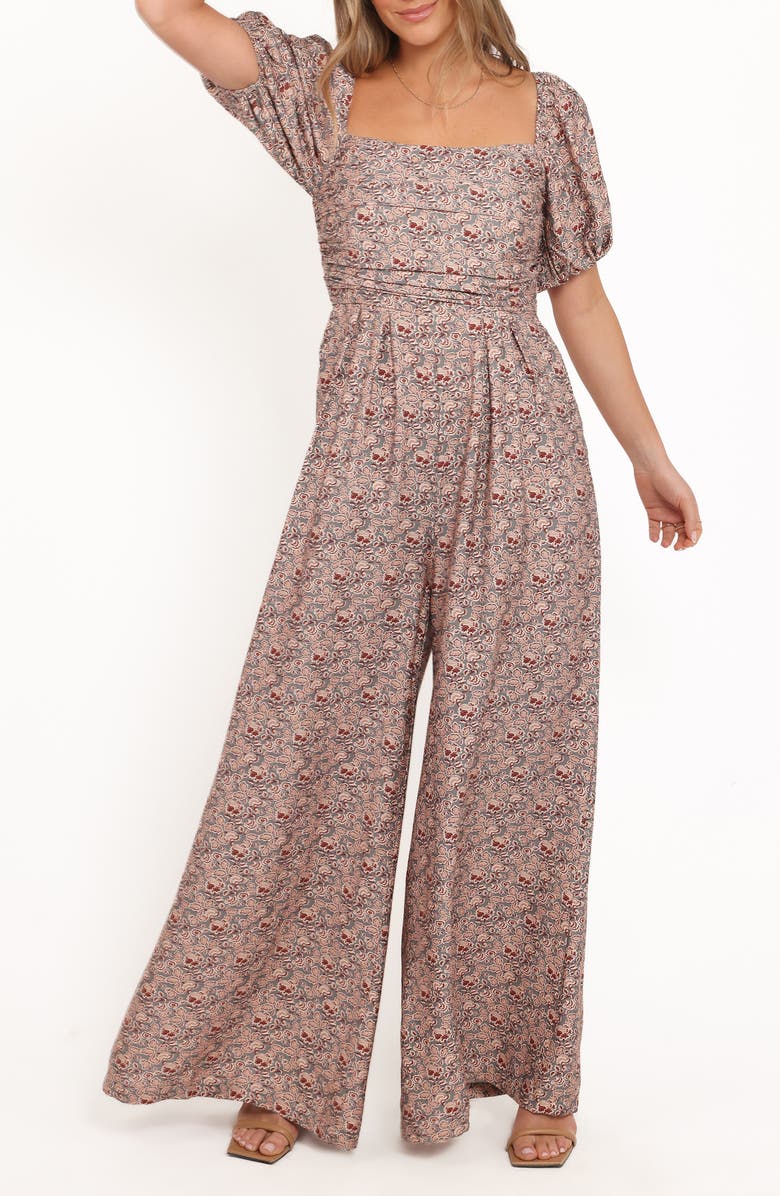 Petal & Pup Jayda Puff Sleeve Wide Leg Jumpsuit, Main, color, Grey Floral