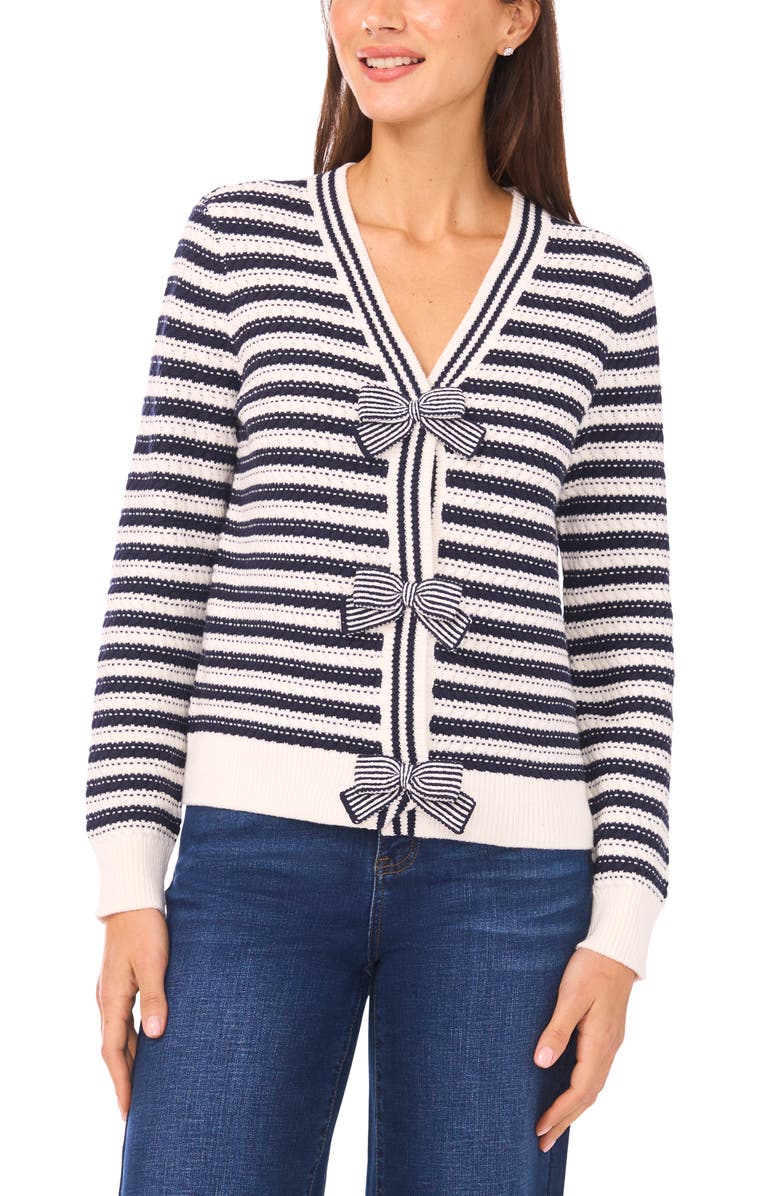 CeCe by Cynthia Steffe 'Dotted Delights' Woven Front Sweater, Main, color, Classic Navy