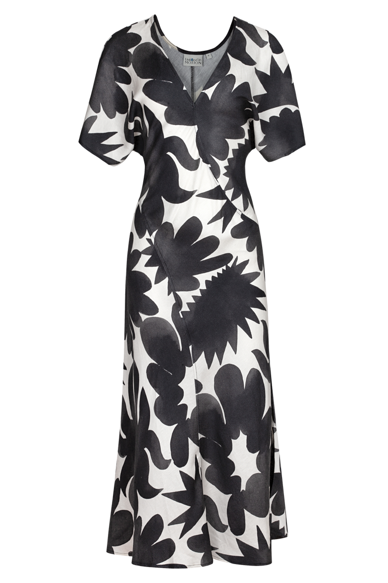 Zena Printed V-Neck Midi Dress, Main, color, Facula Black