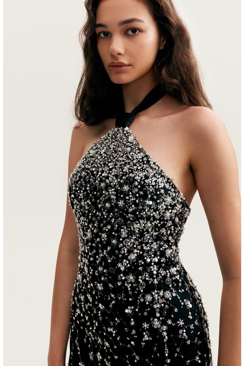 Bodycon Halterneck Crystal-Embellished Mini Cocktail Dress in Black, Alternate, color, Black