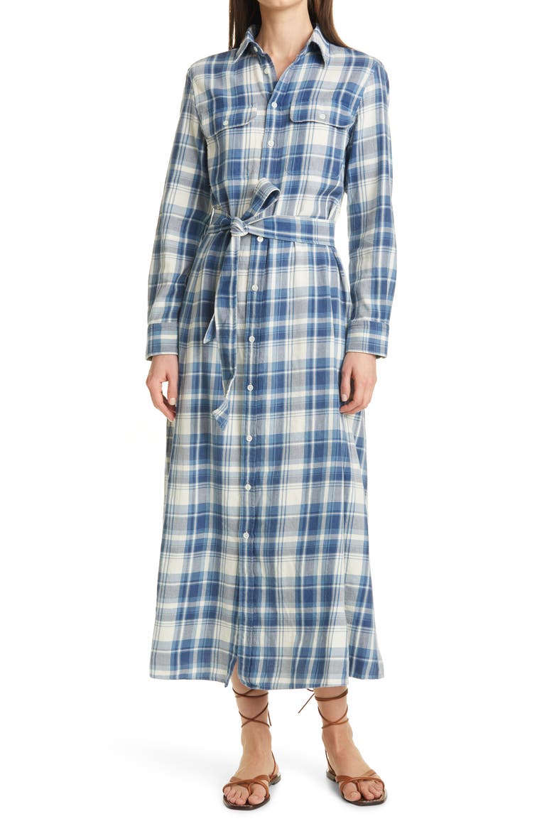 Stephanie Plaid Long Sleeve Cotton Shirtdress, Main, color, BLUE/ WHITE