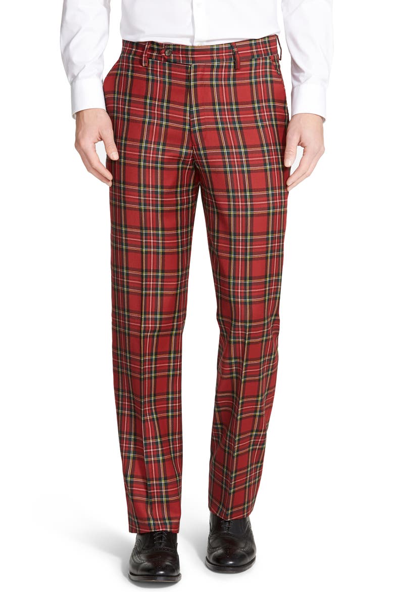 Touch Finish Flat Front Classic Fit Plaid Wool Trousers, Main, color, RED